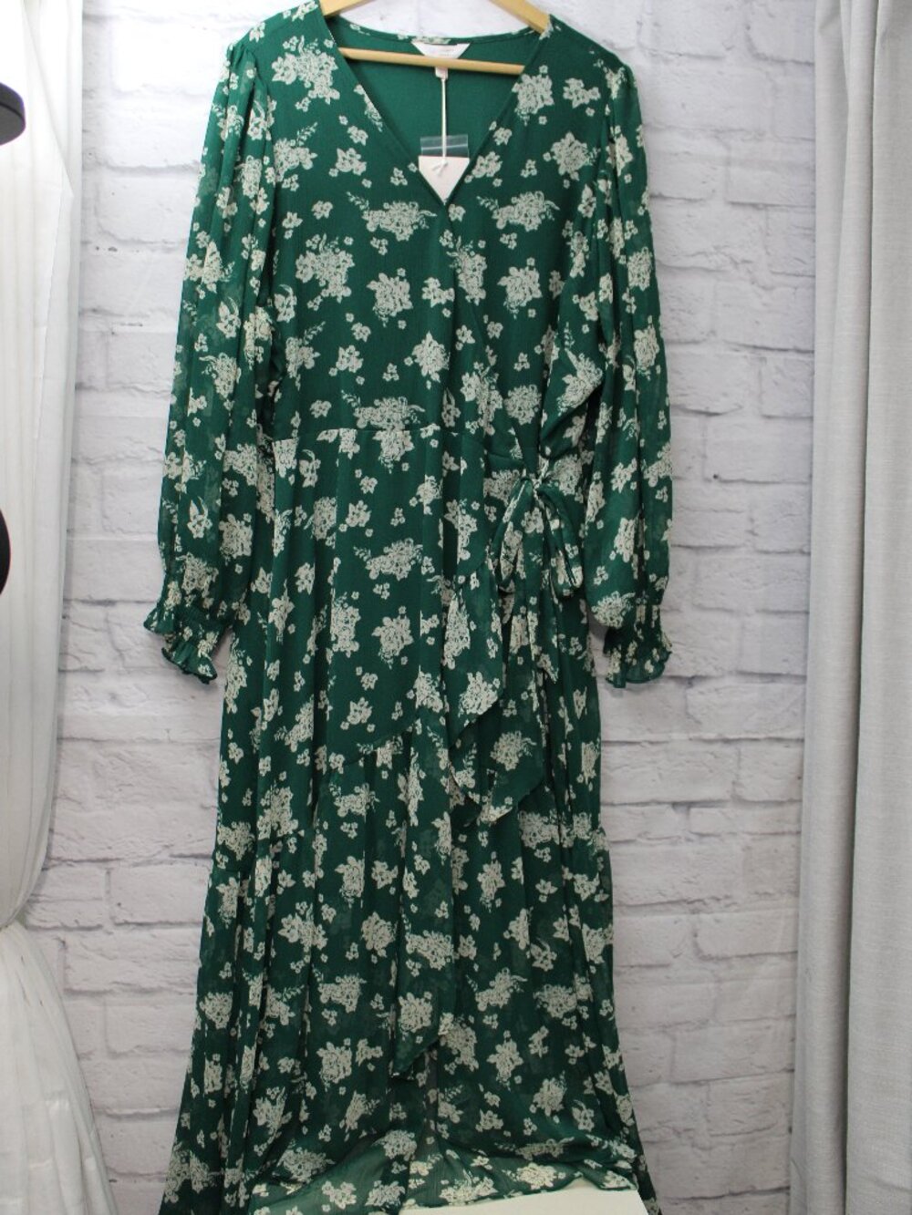 LC Lauren Conrad Plus 2X Green High Low Wrap Maxi Dress Boho Wedding Longsleeve